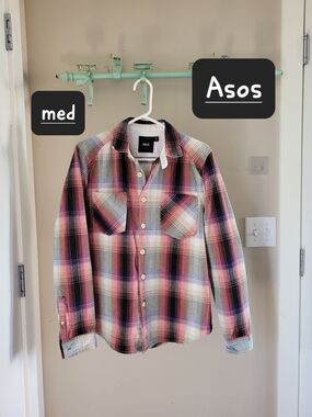ASOS Pink Black Plaid Button-Down Shirt Jacket